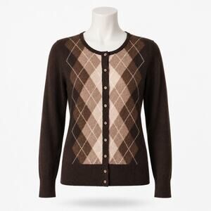 Y2k APT 9 Cashmere Sweater Medium Brown Argyle Button Up Cardigan VNTG Preppy